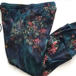 Johnny Was Biya L Cargo Jogger Pants Blue Teal Pink Floral Silk Pockets Elastic